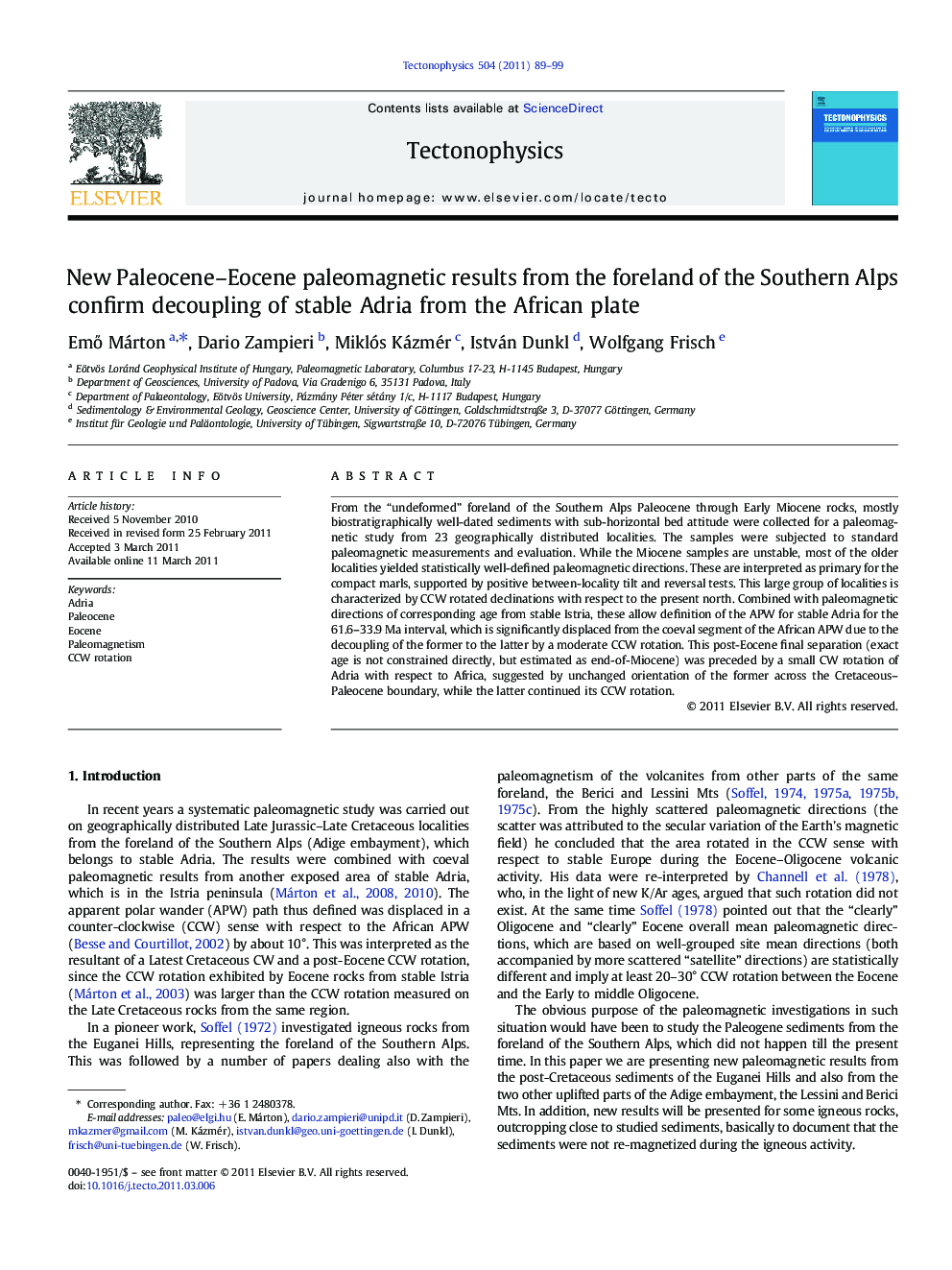 New Paleocene–Eocene paleomagnetic results from the foreland of the Southern Alps confirm decoupling of stable Adria from the African plate