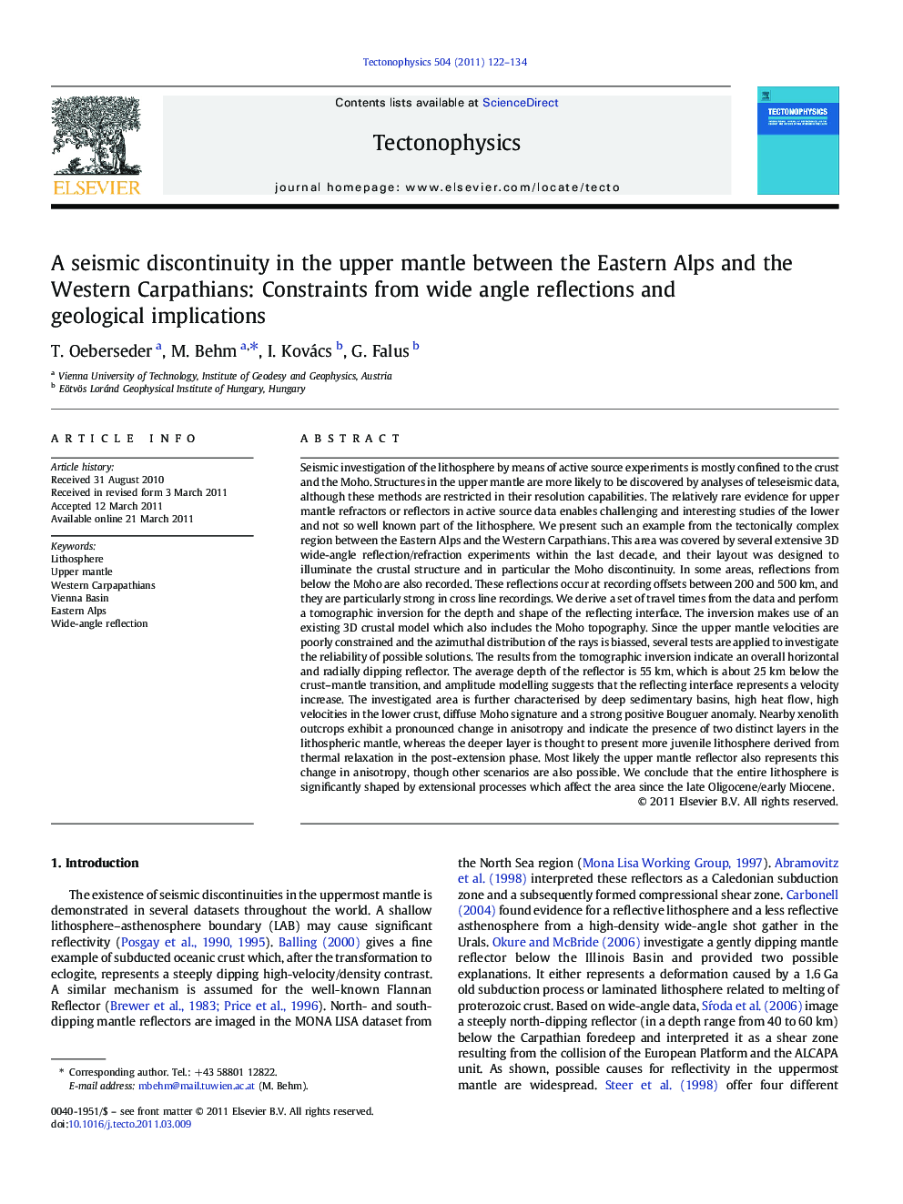 A seismic discontinuity in the upper mantle between the Eastern Alps and the Western Carpathians: Constraints from wide angle reflections and geological implications