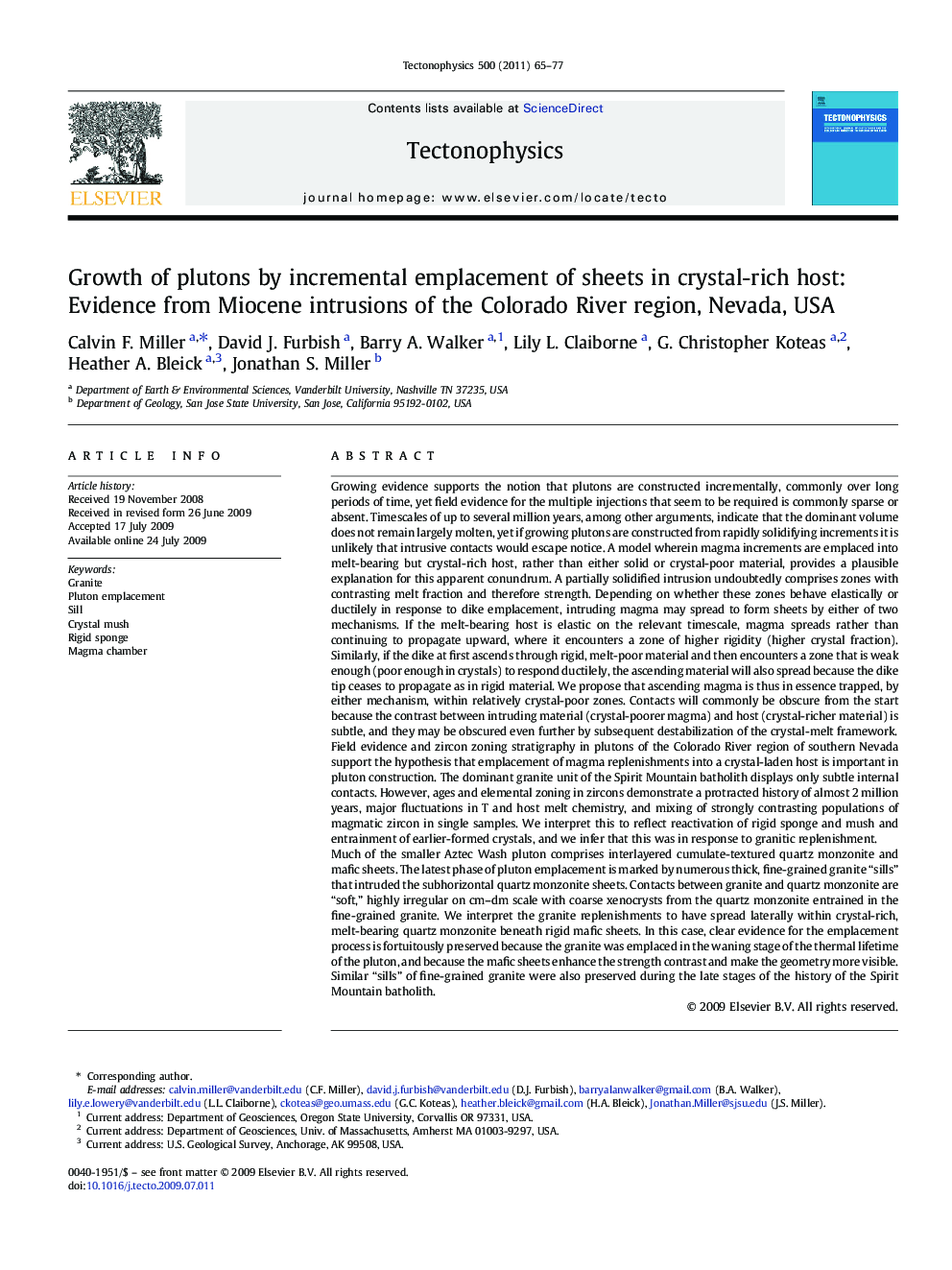 Growth of plutons by incremental emplacement of sheets in crystal-rich host: Evidence from Miocene intrusions of the Colorado River region, Nevada, USA