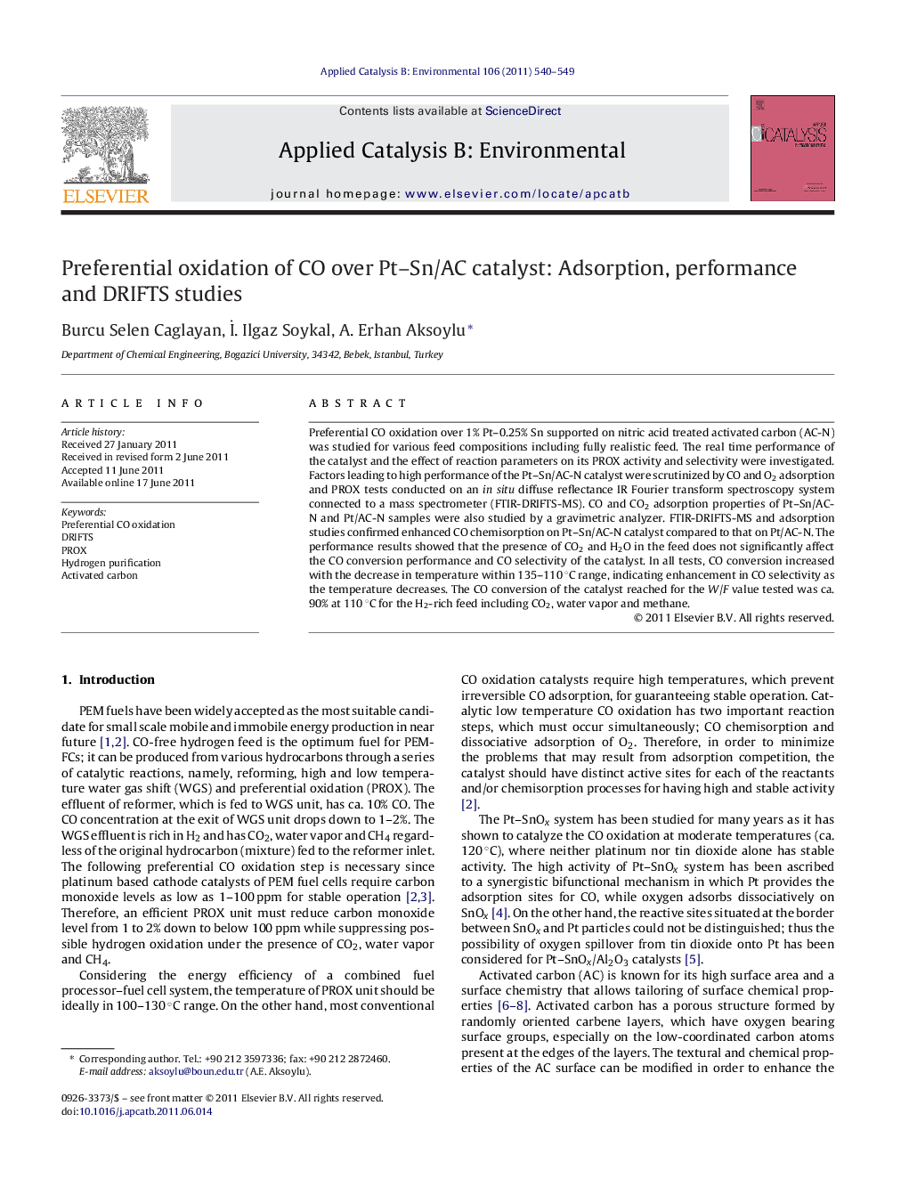 Preferential oxidation of CO over Pt–Sn/AC catalyst: Adsorption, performance and DRIFTS studies