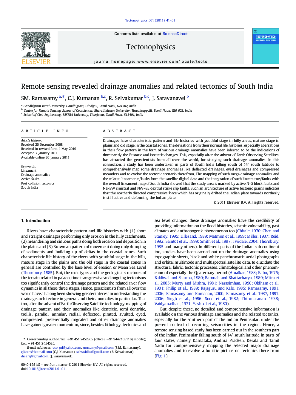 Remote sensing revealed drainage anomalies and related tectonics of South India