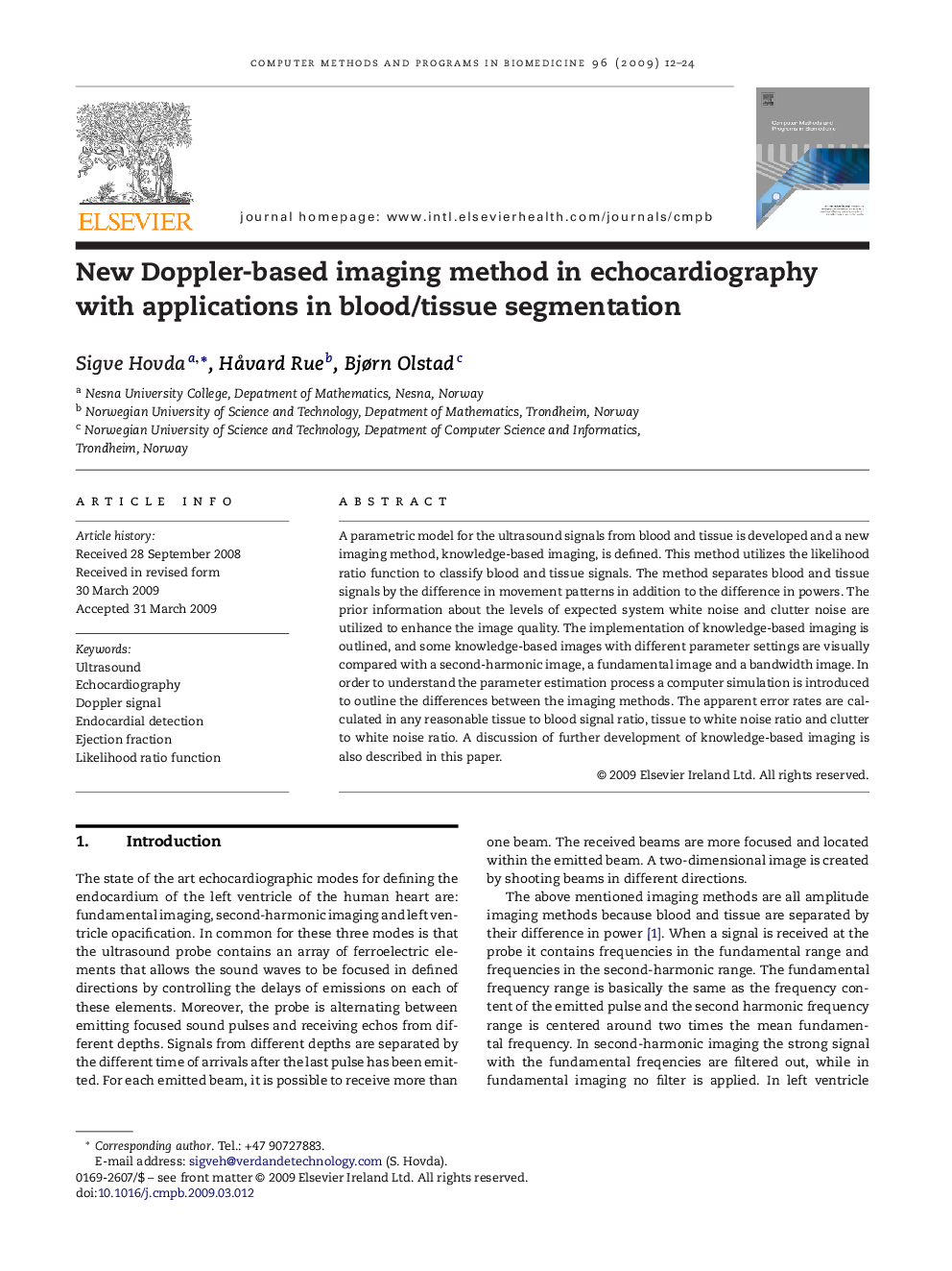 New Doppler-based imaging method in echocardiography with applications in blood/tissue segmentation