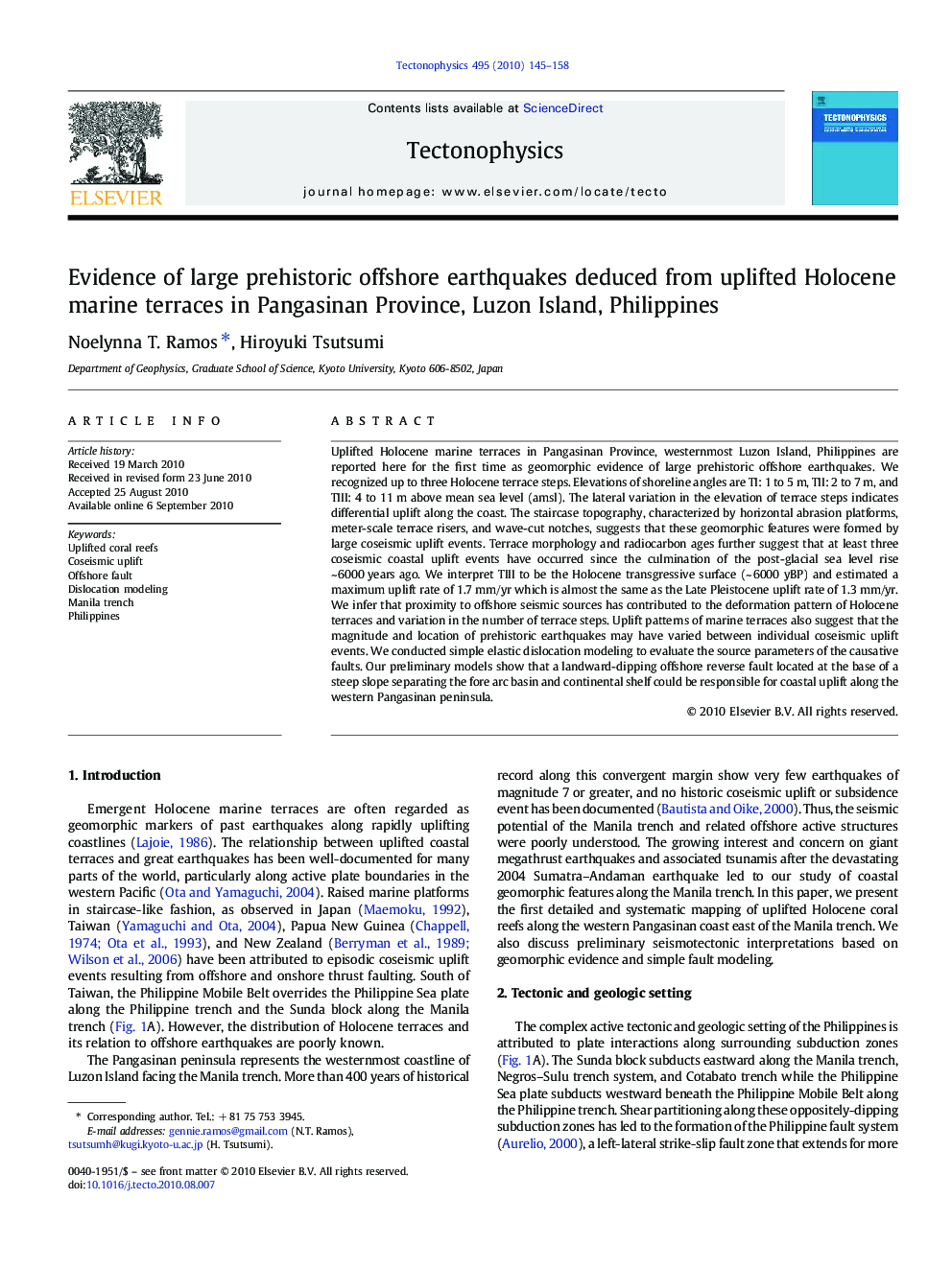 Evidence of large prehistoric offshore earthquakes deduced from uplifted Holocene marine terraces in Pangasinan Province, Luzon Island, Philippines