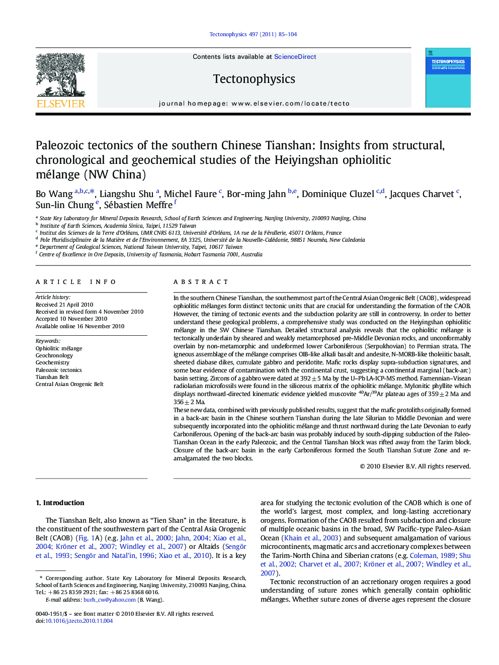 Paleozoic tectonics of the southern Chinese Tianshan: Insights from structural, chronological and geochemical studies of the Heiyingshan ophiolitic mélange (NW China)