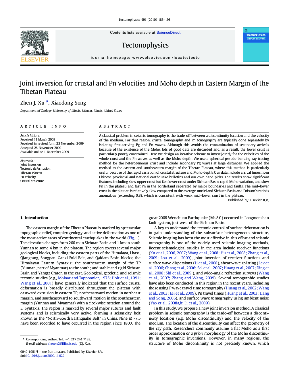 Joint inversion for crustal and Pn velocities and Moho depth in Eastern Margin of the Tibetan Plateau