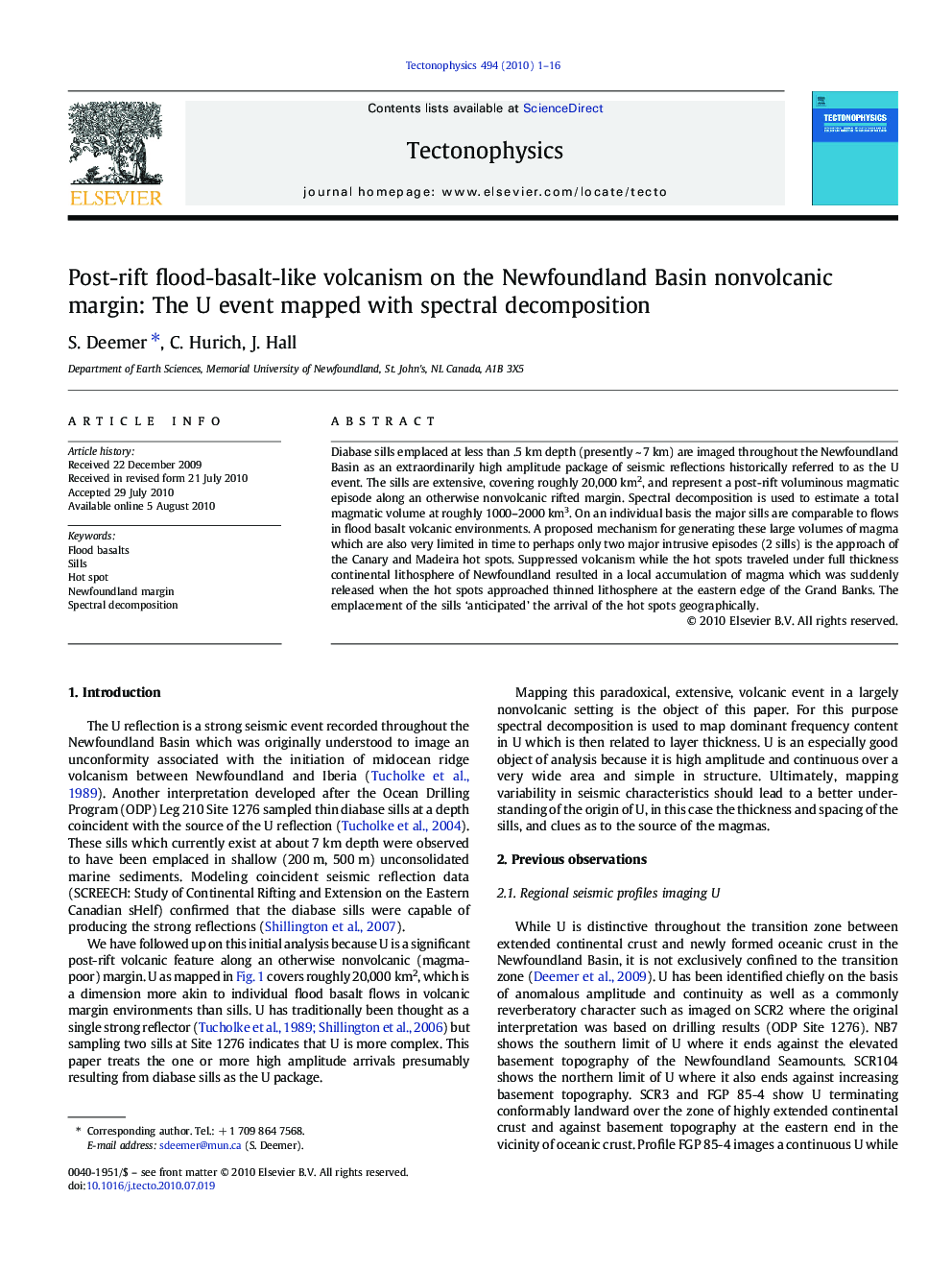 Post-rift flood-basalt-like volcanism on the Newfoundland Basin nonvolcanic margin: The U event mapped with spectral decomposition