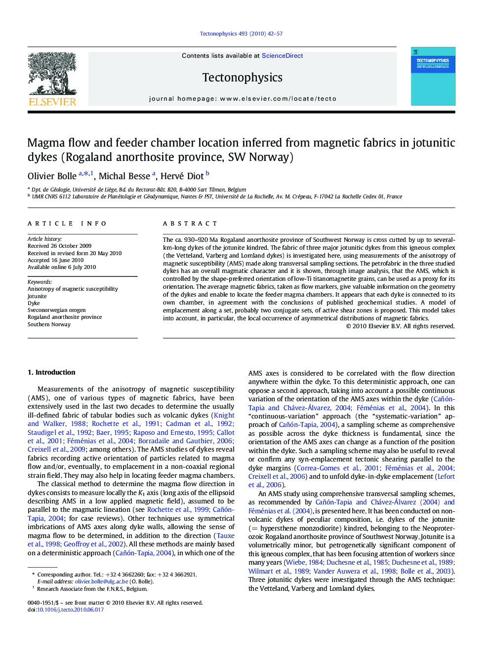 Magma flow and feeder chamber location inferred from magnetic fabrics in jotunitic dykes (Rogaland anorthosite province, SW Norway)