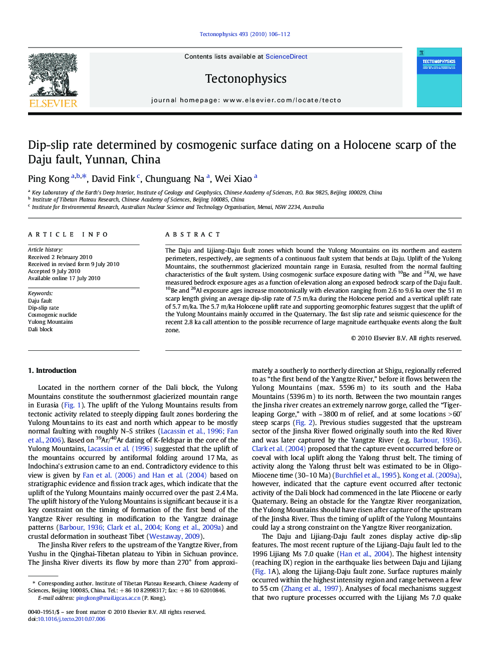 Dip-slip rate determined by cosmogenic surface dating on a Holocene scarp of the Daju fault, Yunnan, China