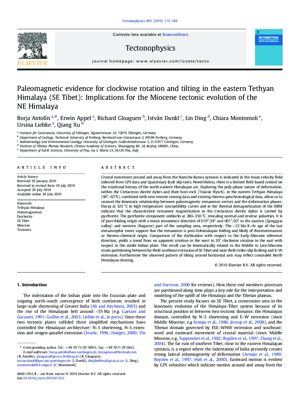 Paleomagnetic evidence for clockwise rotation and tilting in the eastern Tethyan Himalaya (SE Tibet): Implications for the Miocene tectonic evolution of the NE Himalaya