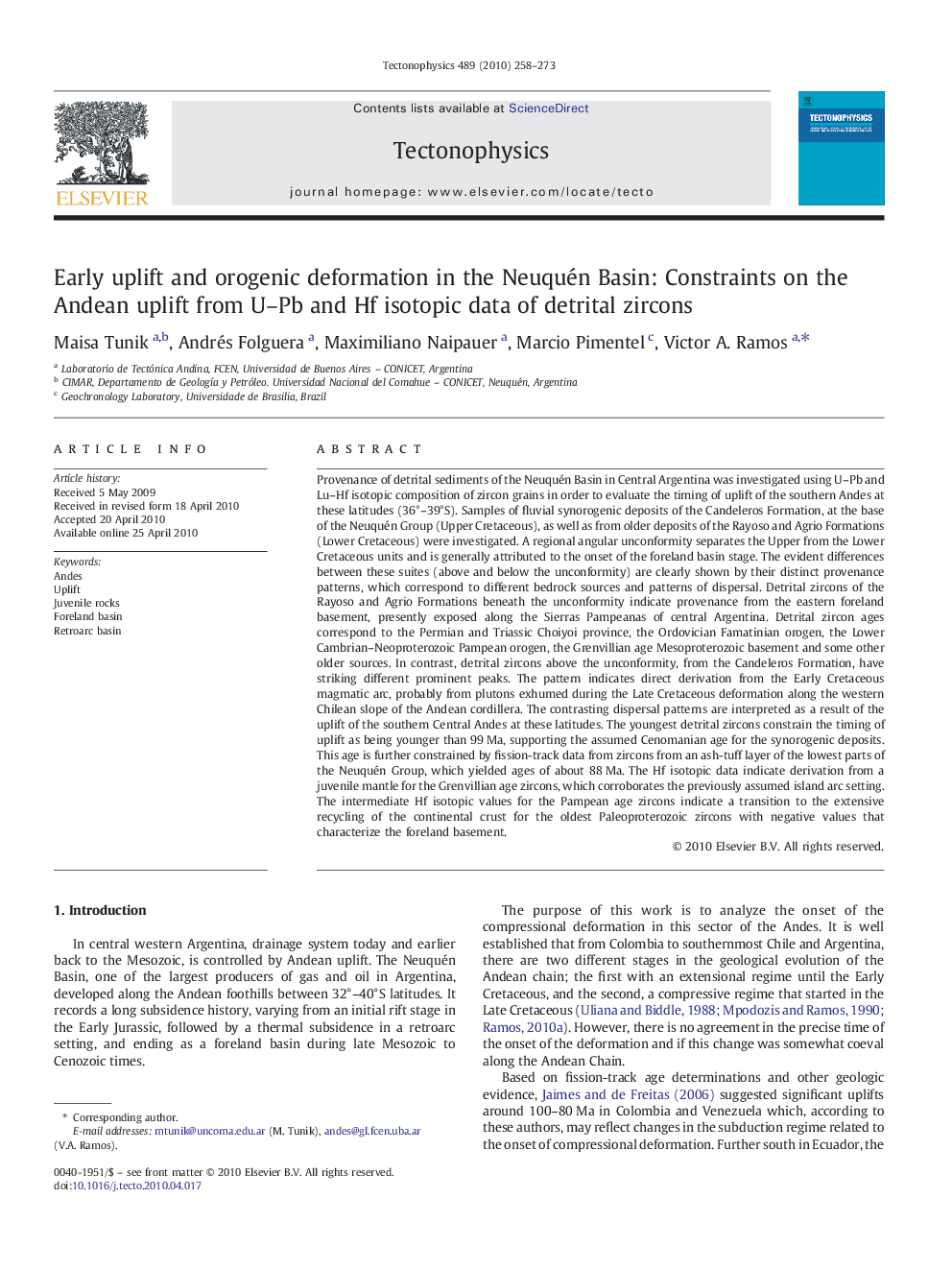 Early uplift and orogenic deformation in the Neuquén Basin: Constraints on the Andean uplift from U–Pb and Hf isotopic data of detrital zircons