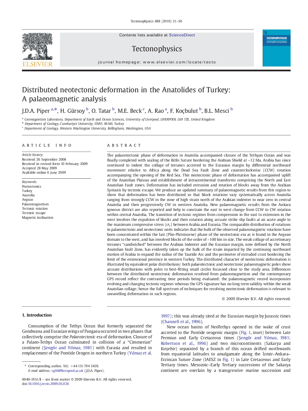 Distributed neotectonic deformation in the Anatolides of Turkey: A palaeomagnetic analysis