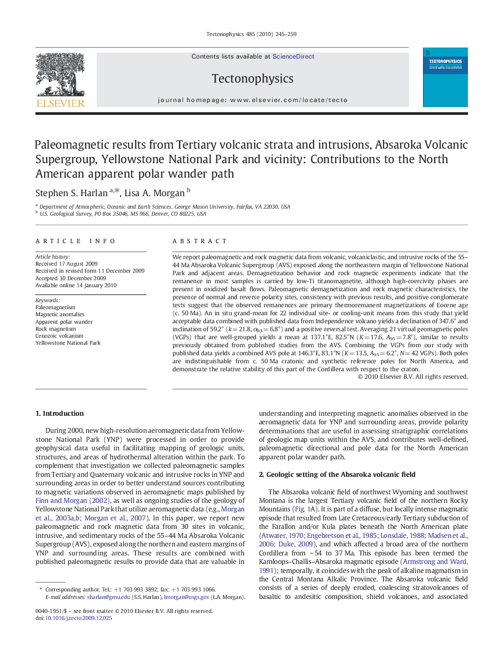 Paleomagnetic results from Tertiary volcanic strata and intrusions, Absaroka Volcanic Supergroup, Yellowstone National Park and vicinity: Contributions to the North American apparent polar wander path