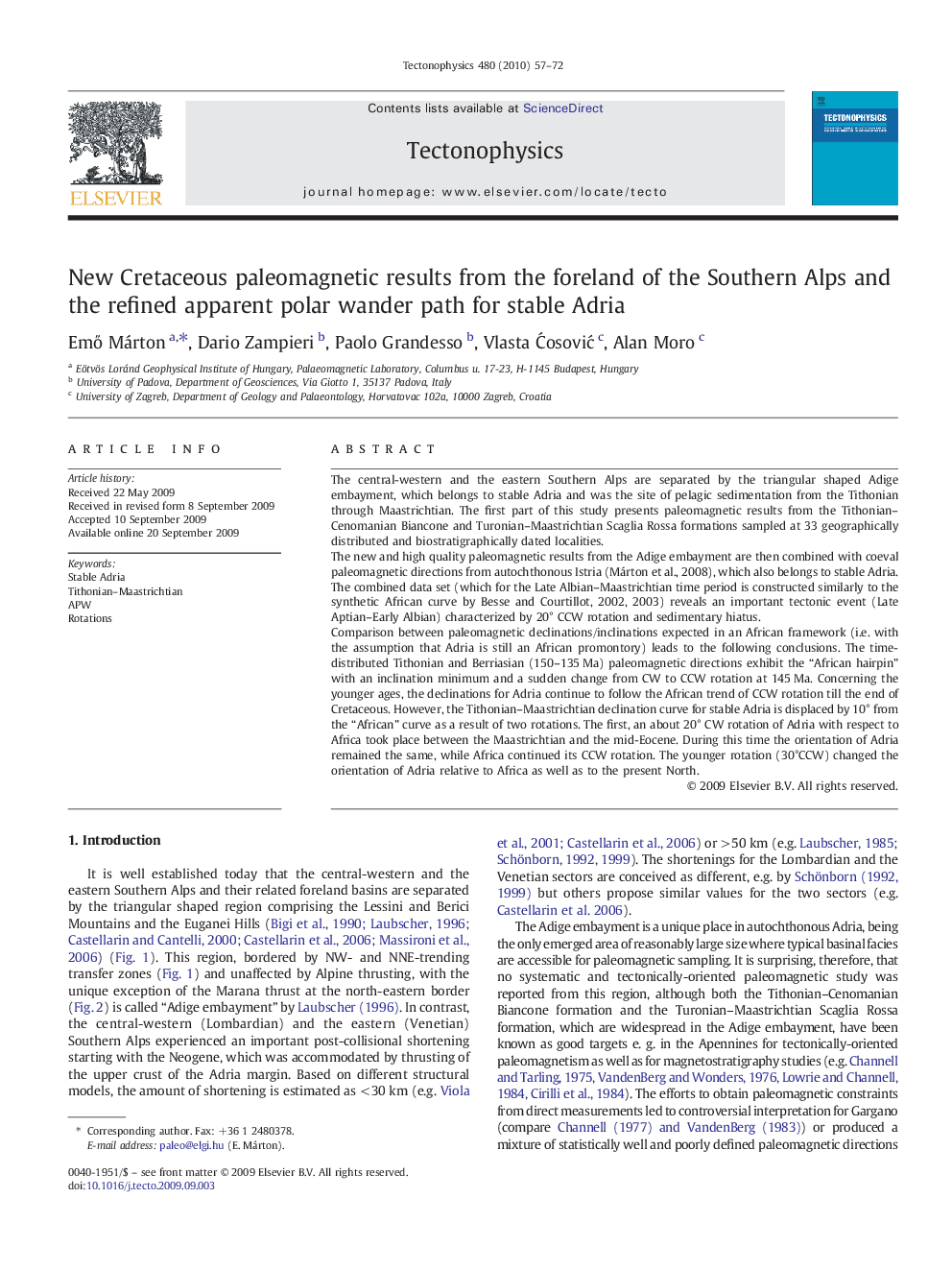 New Cretaceous paleomagnetic results from the foreland of the Southern Alps and the refined apparent polar wander path for stable Adria