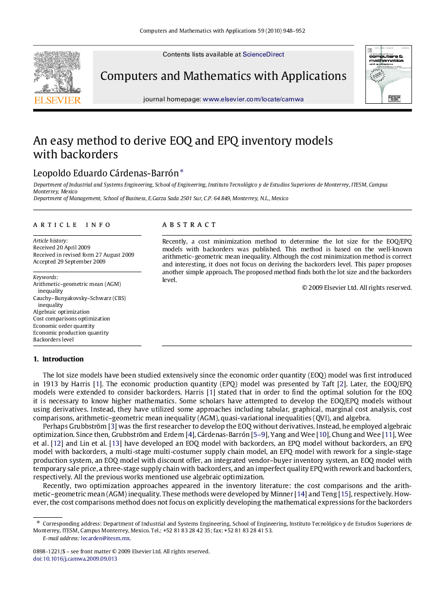 An easy method to derive EOQ and EPQ inventory models with backorders