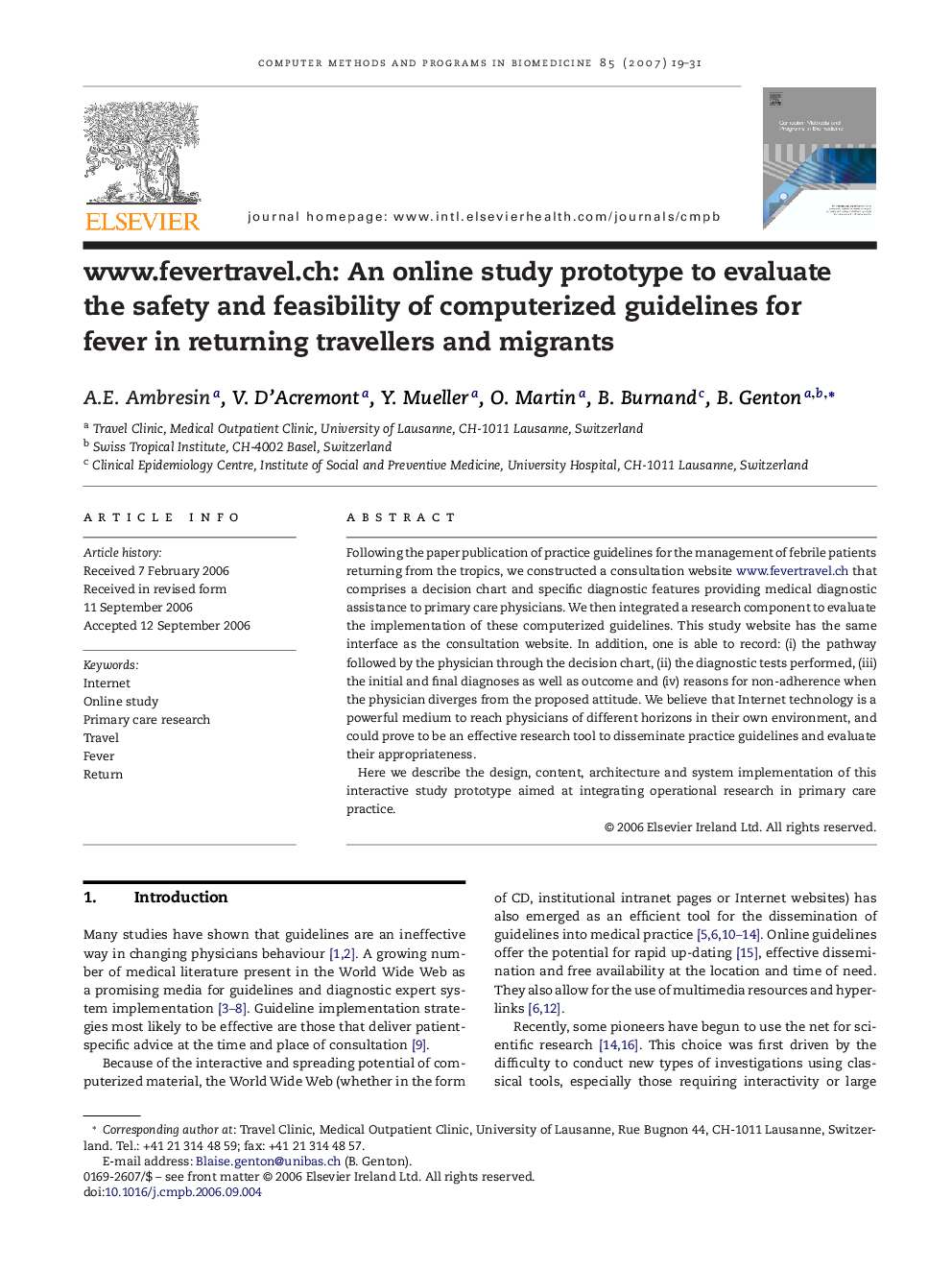 www.fevertravel.ch: An online study prototype to evaluate the safety and feasibility of computerized guidelines for fever in returning travellers and migrants