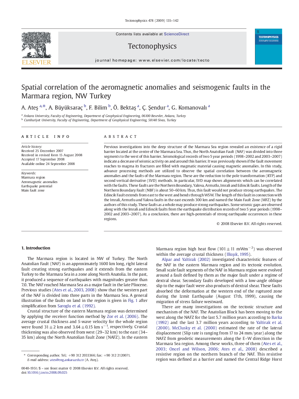 Spatial correlation of the aeromagnetic anomalies and seismogenic faults in the Marmara region, NW Turkey