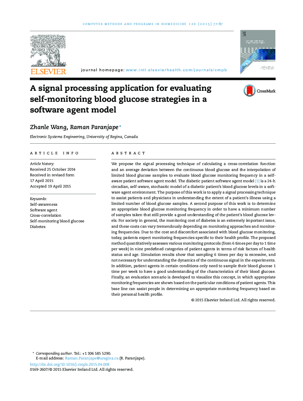 A signal processing application for evaluating self-monitoring blood glucose strategies in a software agent model