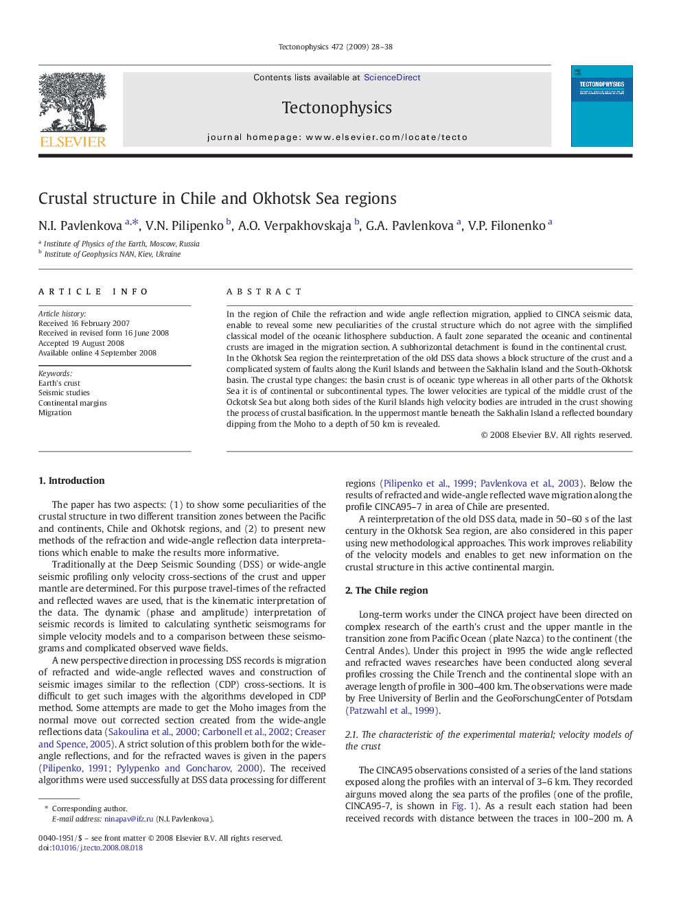 Crustal structure in Chile and Okhotsk Sea regions