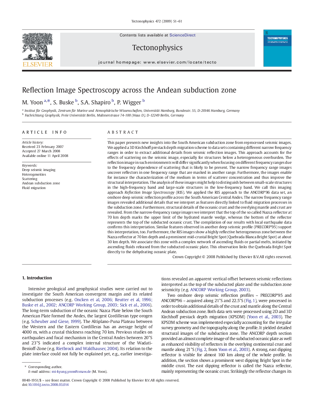 Reflection Image Spectroscopy across the Andean subduction zone