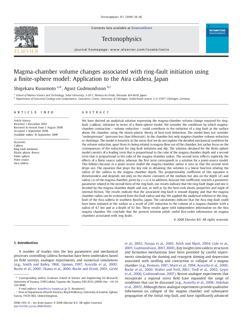 Magma-chamber volume changes associated with ring-fault initiation using a finite-sphere model: Application to the Aira caldera, Japan