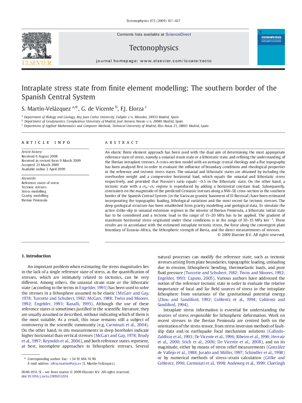 Intraplate stress state from finite element modelling: The southern border of the Spanish Central System