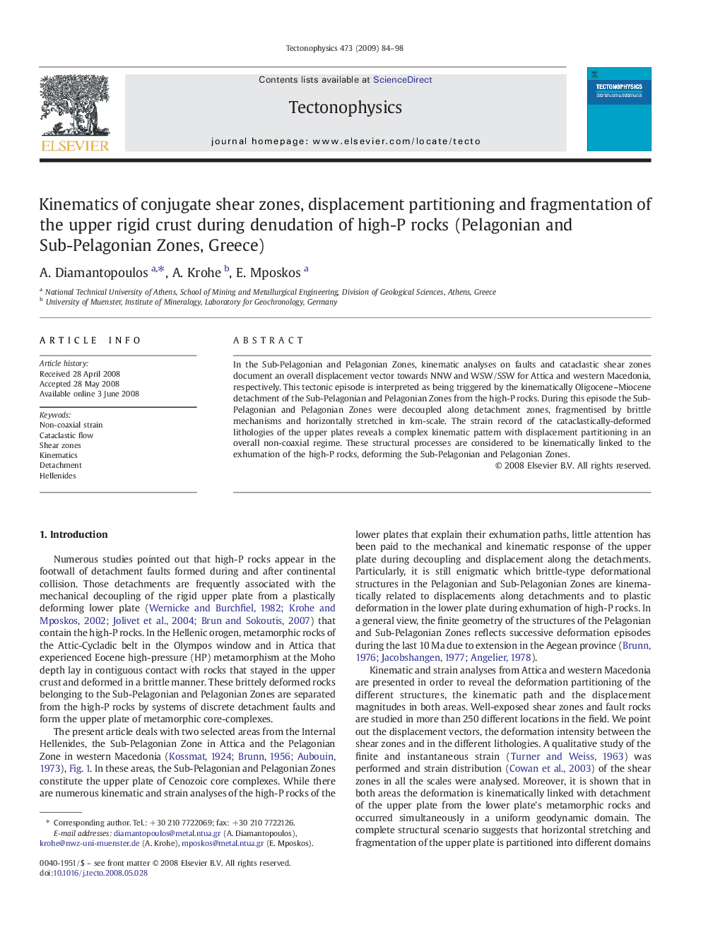 Kinematics of conjugate shear zones, displacement partitioning and fragmentation of the upper rigid crust during denudation of high-P rocks (Pelagonian and Sub-Pelagonian Zones, Greece)