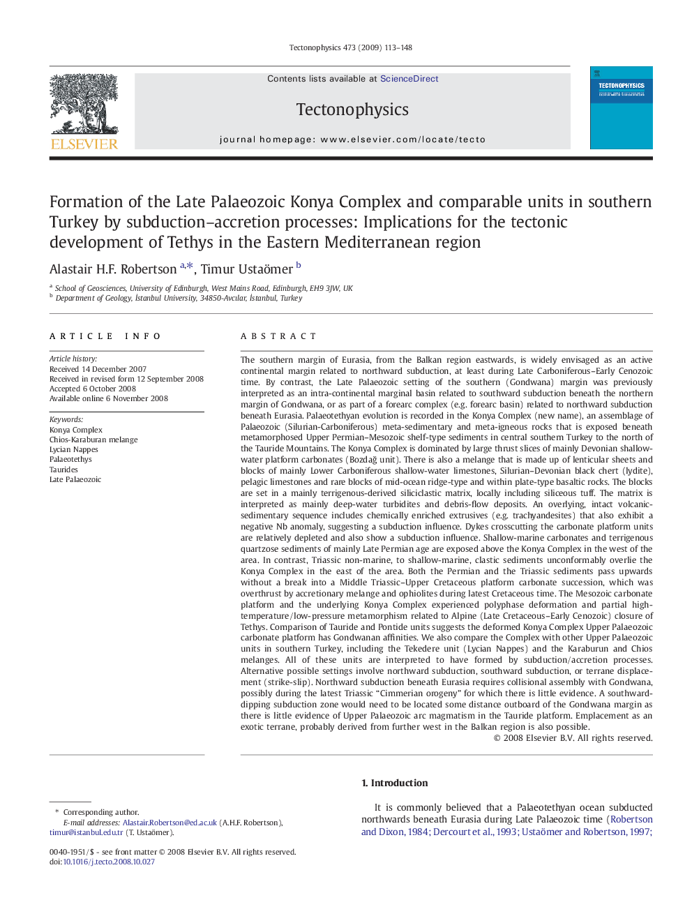 Formation of the Late Palaeozoic Konya Complex and comparable units in southern Turkey by subduction–accretion processes: Implications for the tectonic development of Tethys in the Eastern Mediterranean region