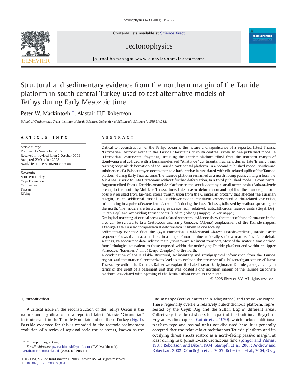 Structural and sedimentary evidence from the northern margin of the Tauride platform in south central Turkey used to test alternative models of Tethys during Early Mesozoic time