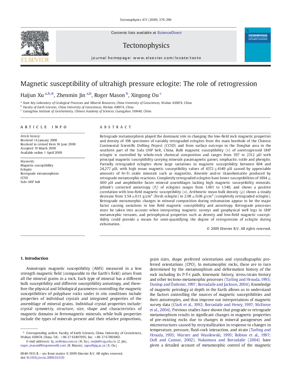 Magnetic susceptibility of ultrahigh pressure eclogite: The role of retrogression