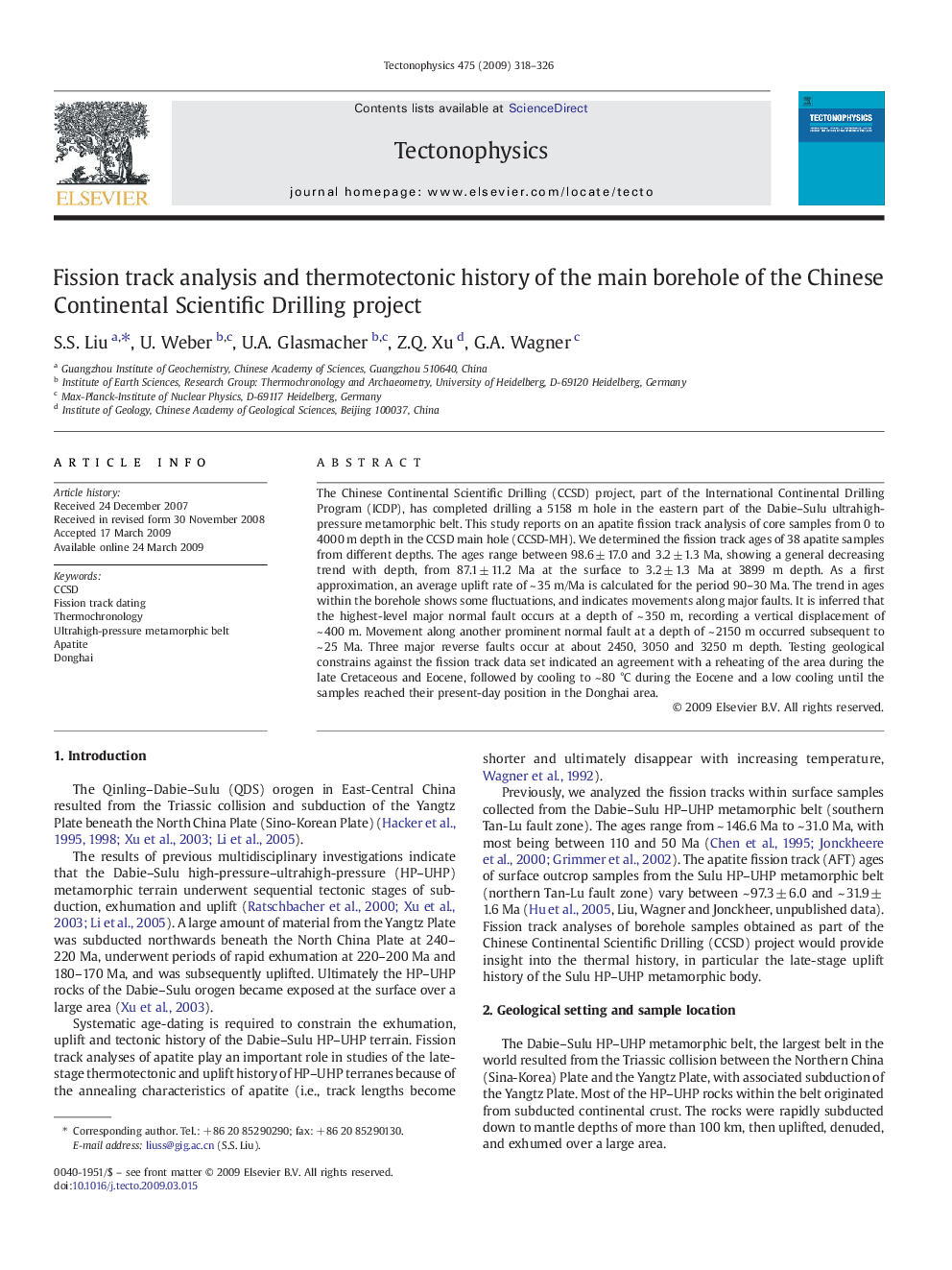 Fission track analysis and thermotectonic history of the main borehole of the Chinese Continental Scientific Drilling project