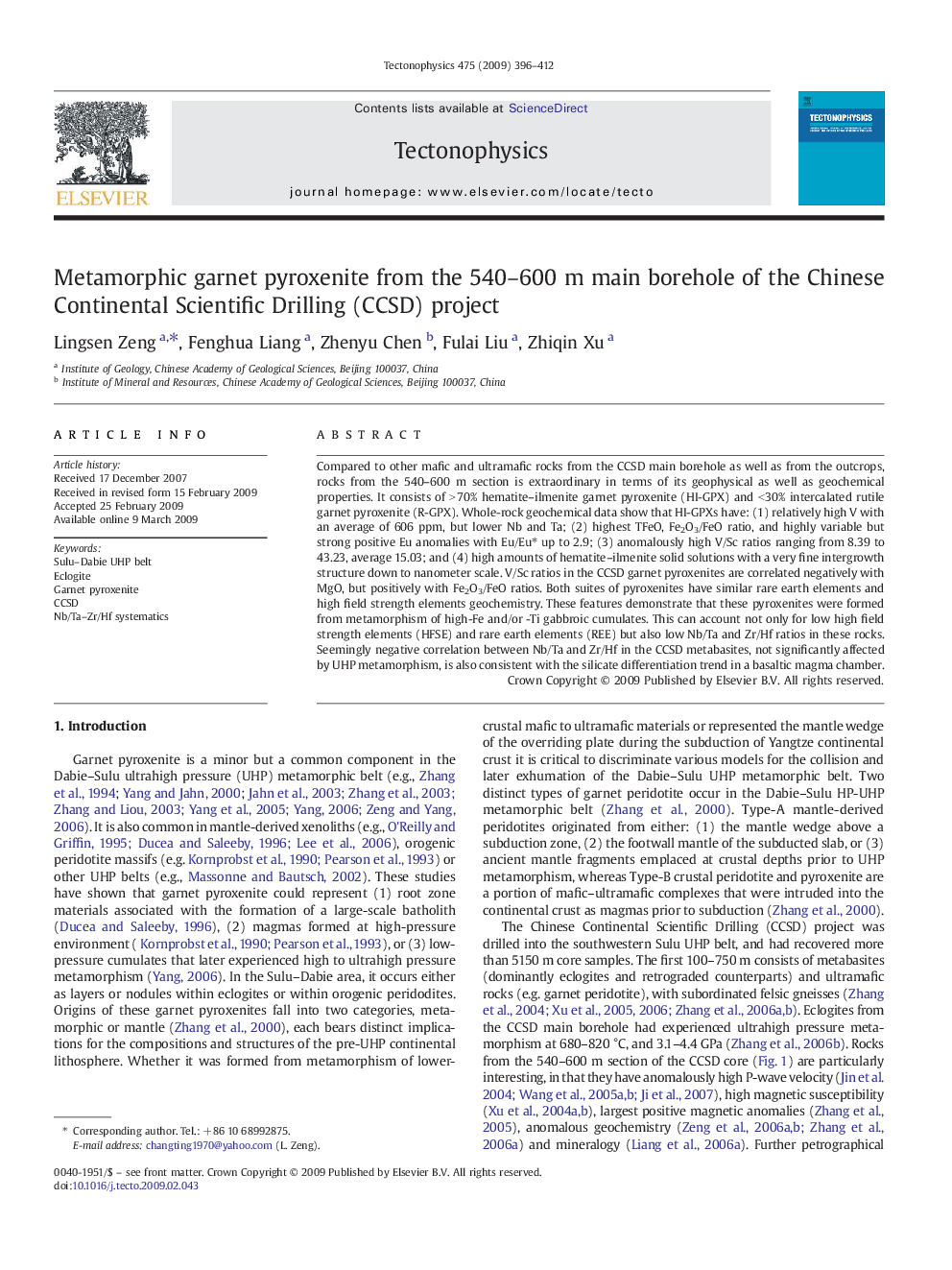 Metamorphic garnet pyroxenite from the 540–600 m main borehole of the Chinese Continental Scientific Drilling (CCSD) project