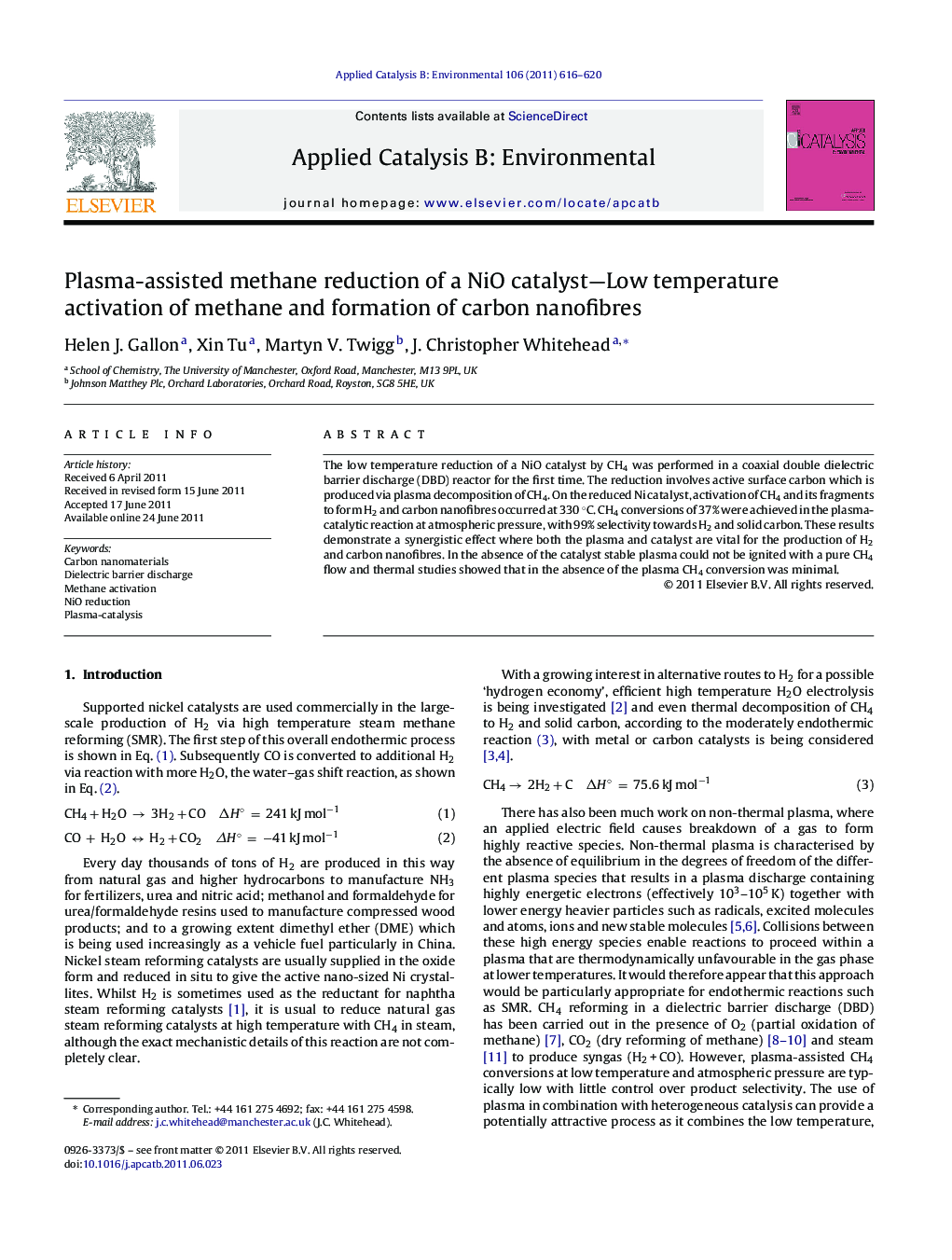 Plasma-assisted methane reduction of a NiO catalyst—Low temperature activation of methane and formation of carbon nanofibres