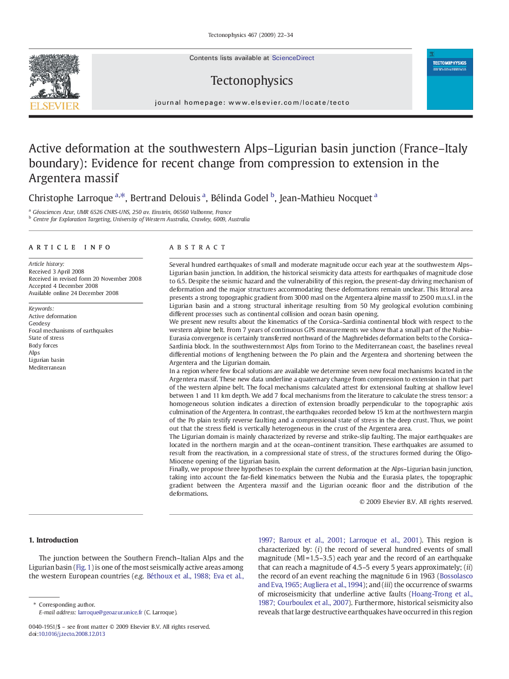 Active deformation at the southwestern Alps–Ligurian basin junction (France–Italy boundary): Evidence for recent change from compression to extension in the Argentera massif