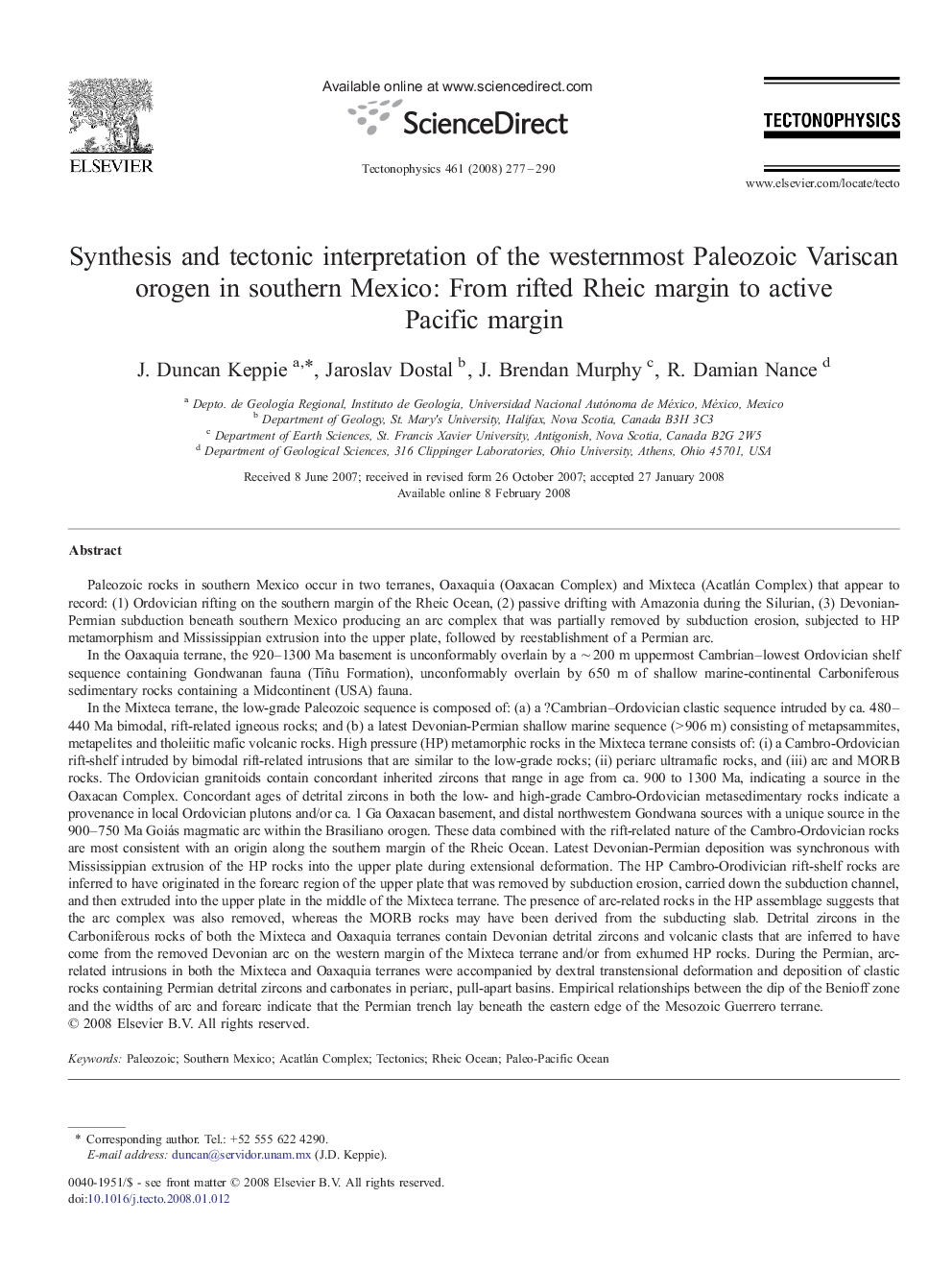 Synthesis and tectonic interpretation of the westernmost Paleozoic Variscan orogen in southern Mexico: From rifted Rheic margin to active Pacific margin