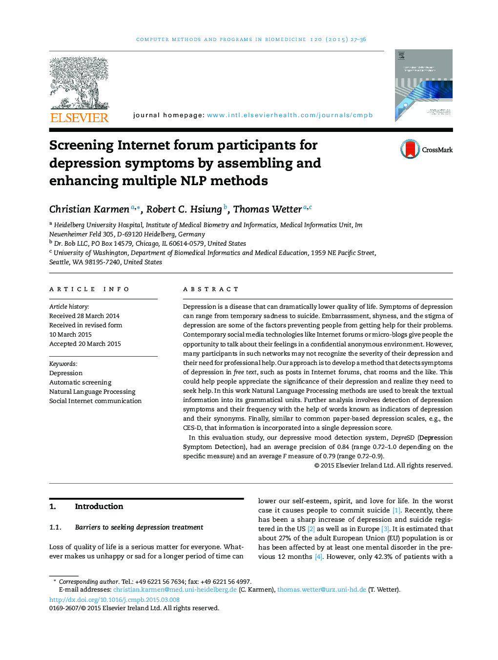 Screening Internet forum participants for depression symptoms by assembling and enhancing multiple NLP methods