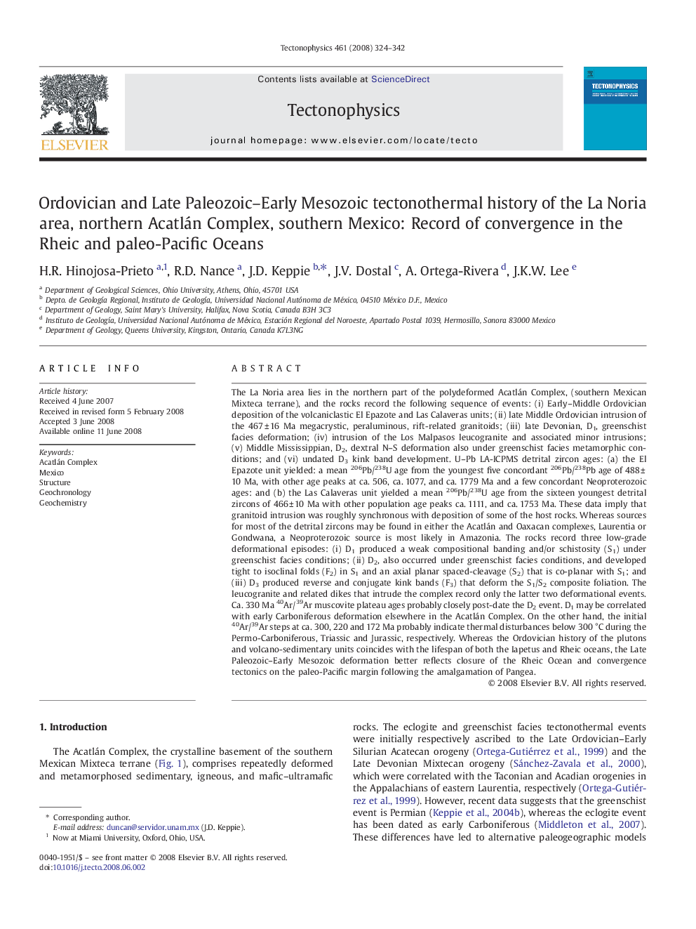 Ordovician and Late Paleozoic-Early Mesozoic tectonothermal history of the La Noria area, northern Acatlán Complex, southern Mexico: Record of convergence in the Rheic and paleo-Pacific Oceans