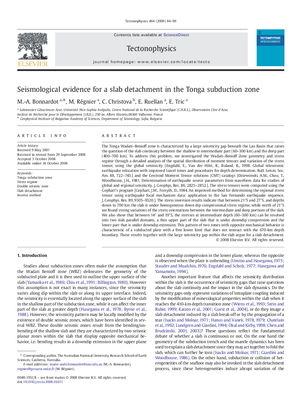 Seismological evidence for a slab detachment in the Tonga subduction zone