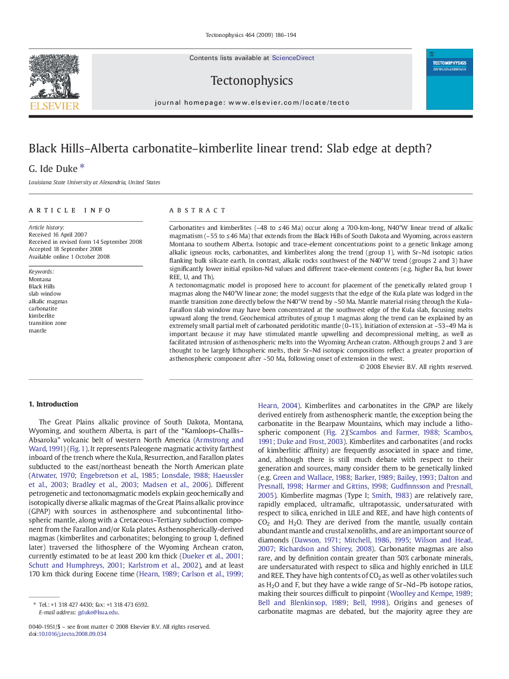 Black Hills–Alberta carbonatite–kimberlite linear trend: Slab edge at depth?