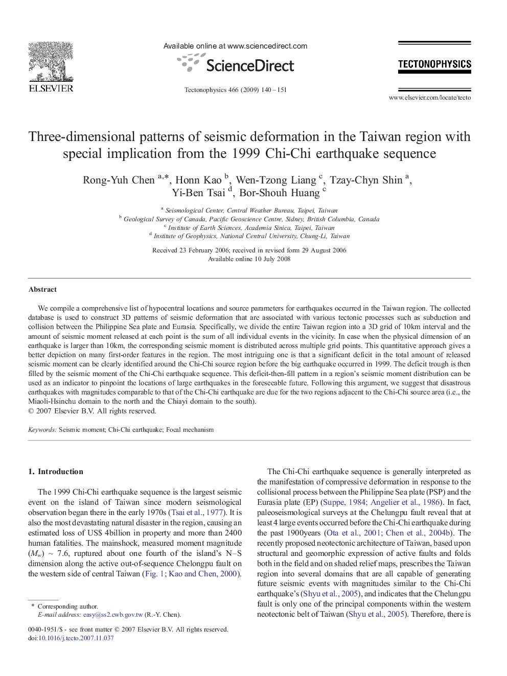 Three-dimensional patterns of seismic deformation in the Taiwan region with special implication from the 1999 Chi-Chi earthquake sequence