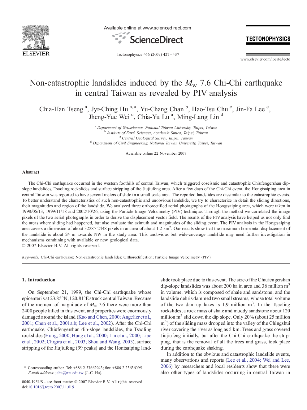 Non-catastrophic landslides induced by the Mw 7.6 Chi-Chi earthquake in central Taiwan as revealed by PIV analysis