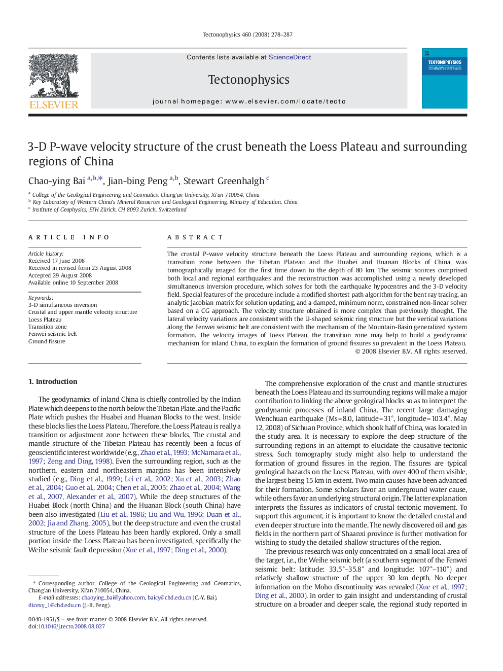 3-D P-wave velocity structure of the crust beneath the Loess Plateau and surrounding regions of China