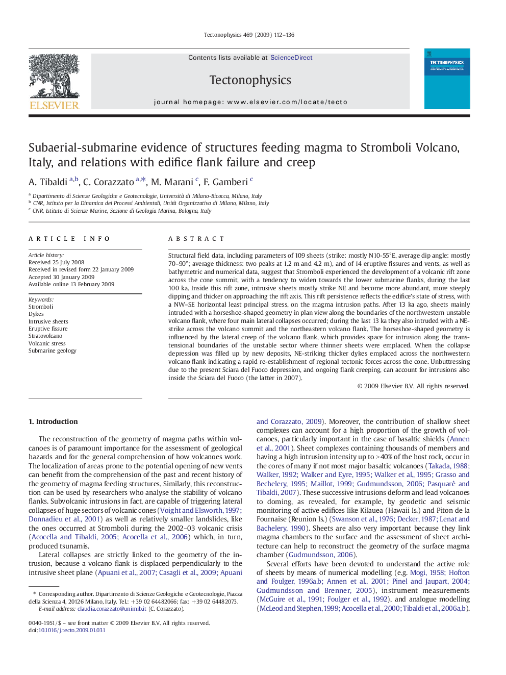 Subaerial-submarine evidence of structures feeding magma to Stromboli Volcano, Italy, and relations with edifice flank failure and creep