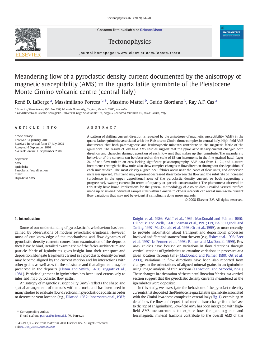 Meandering flow of a pyroclastic density current documented by the anisotropy of magnetic susceptibility (AMS) in the quartz latite ignimbrite of the Pleistocene Monte Cimino volcanic centre (central Italy)