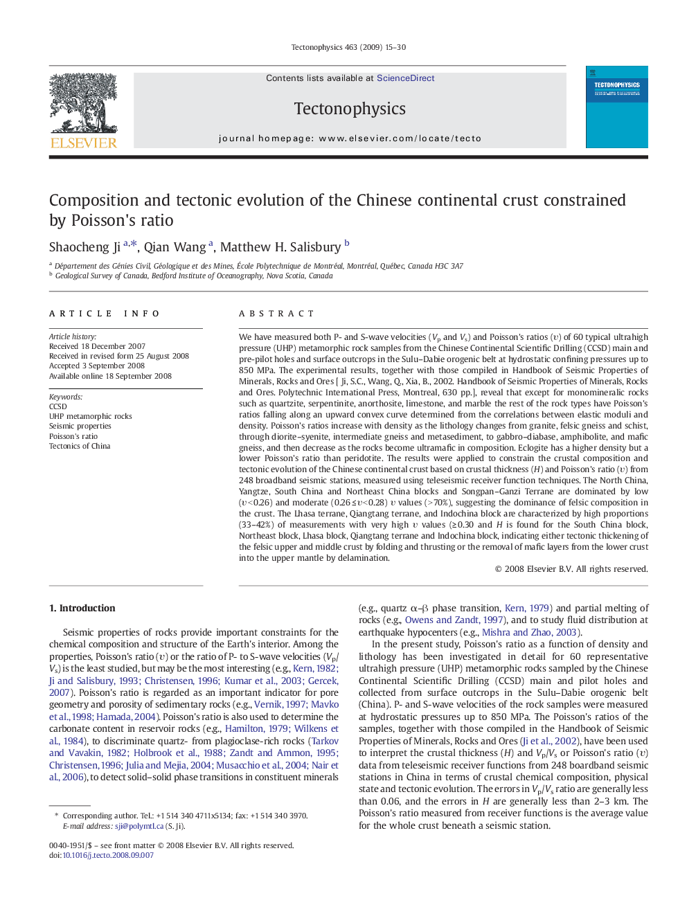 Composition and tectonic evolution of the Chinese continental crust constrained by Poisson's ratio