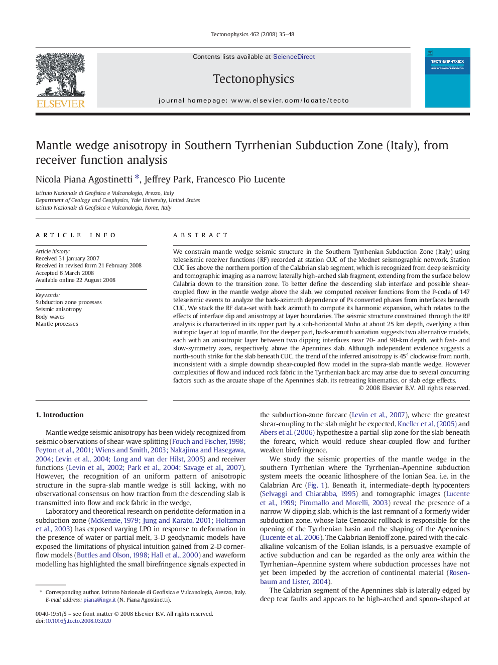 Mantle wedge anisotropy in Southern Tyrrhenian Subduction Zone (Italy), from receiver function analysis