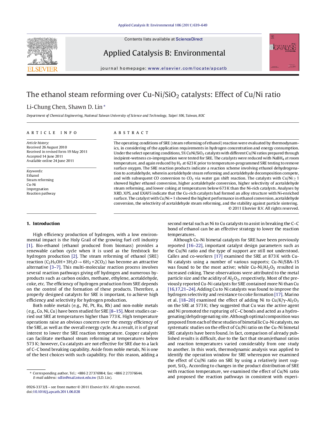 The ethanol steam reforming over Cu-Ni/SiO2 catalysts: Effect of Cu/Ni ratio