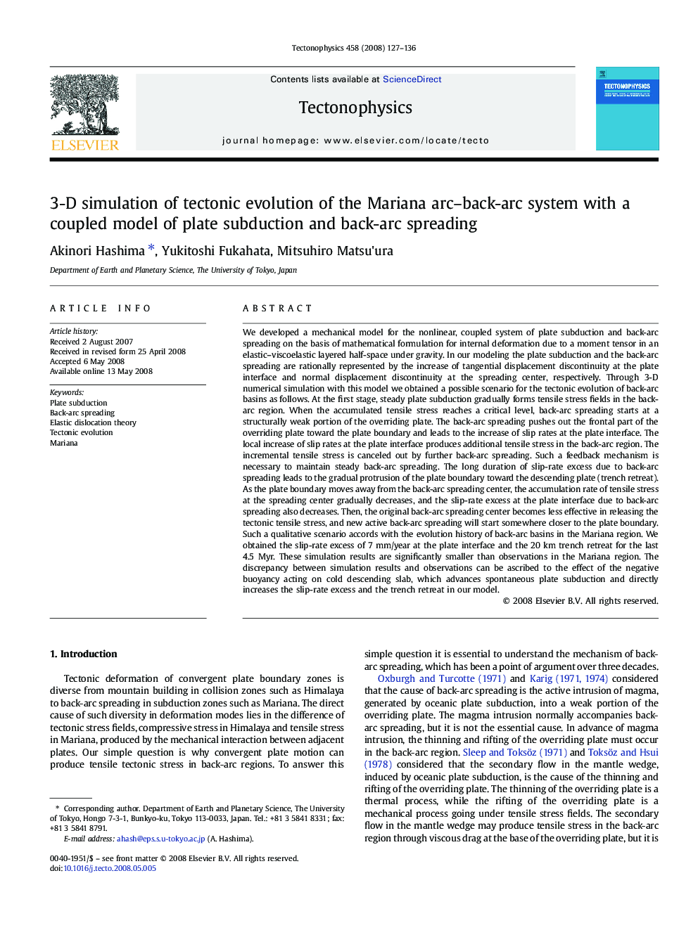 3-D simulation of tectonic evolution of the Mariana arc–back-arc system with a coupled model of plate subduction and back-arc spreading