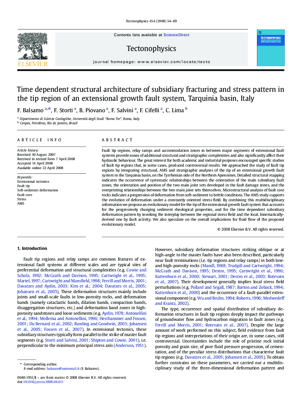 Time dependent structural architecture of subsidiary fracturing and stress pattern in the tip region of an extensional growth fault system, Tarquinia basin, Italy