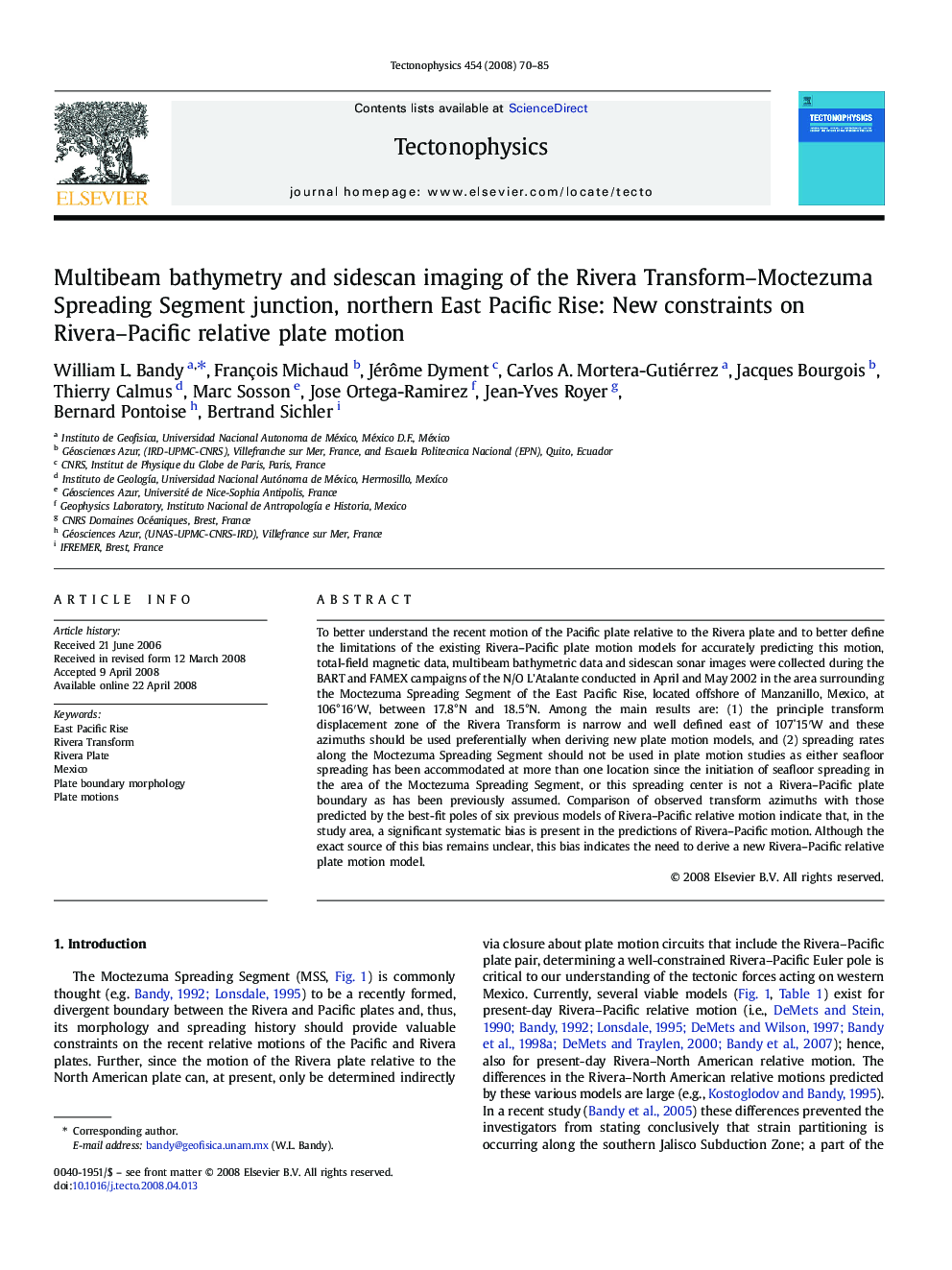 Multibeam bathymetry and sidescan imaging of the Rivera Transform–Moctezuma Spreading Segment junction, northern East Pacific Rise: New constraints on Rivera–Pacific relative plate motion