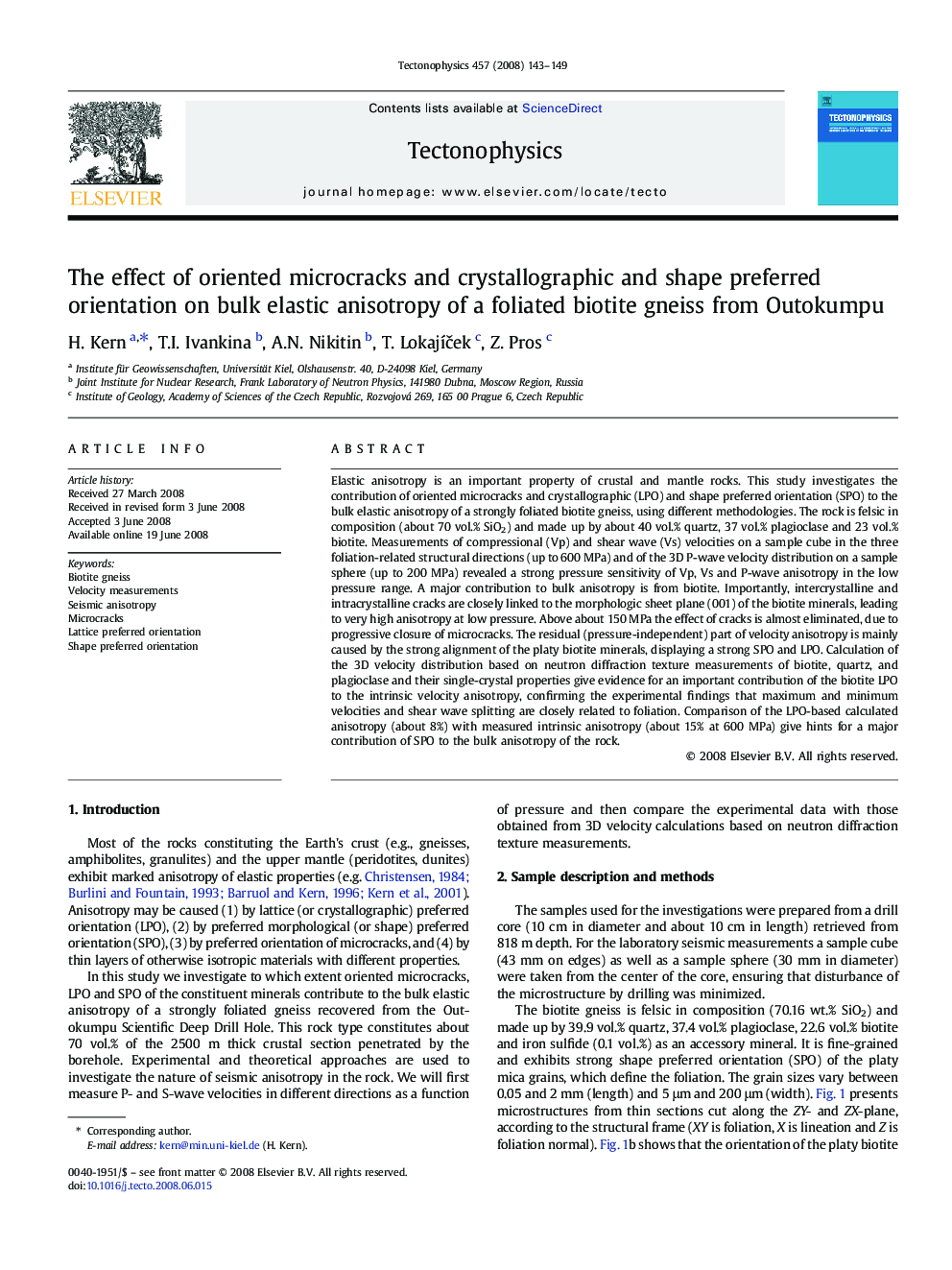 The effect of oriented microcracks and crystallographic and shape preferred orientation on bulk elastic anisotropy of a foliated biotite gneiss from Outokumpu